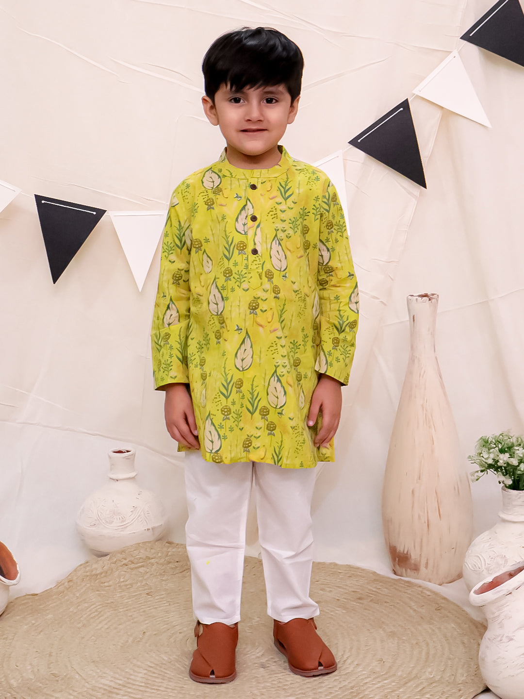 Boys Pure Cotton Printed Kurta with Pyjama - Green