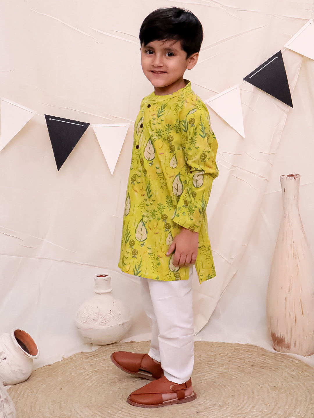 Boys Pure Cotton Printed Kurta with Pyjama - Green