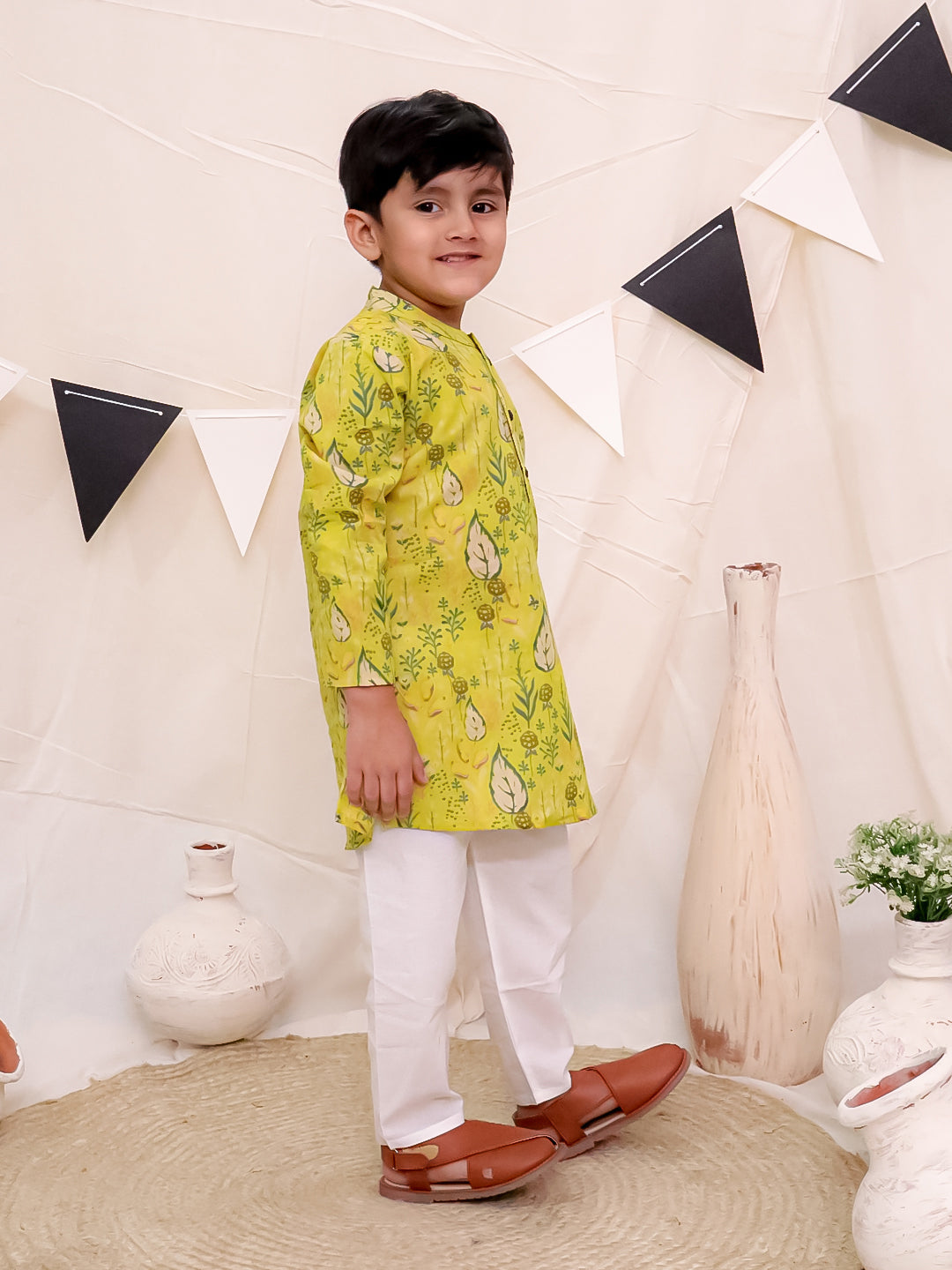 Boys Pure Cotton Printed Kurta with Pyjama - Green