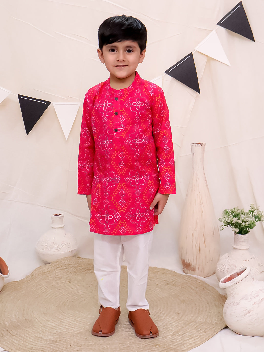 Boys Pure Cotton Printed Kurta with Pyjama - Pink