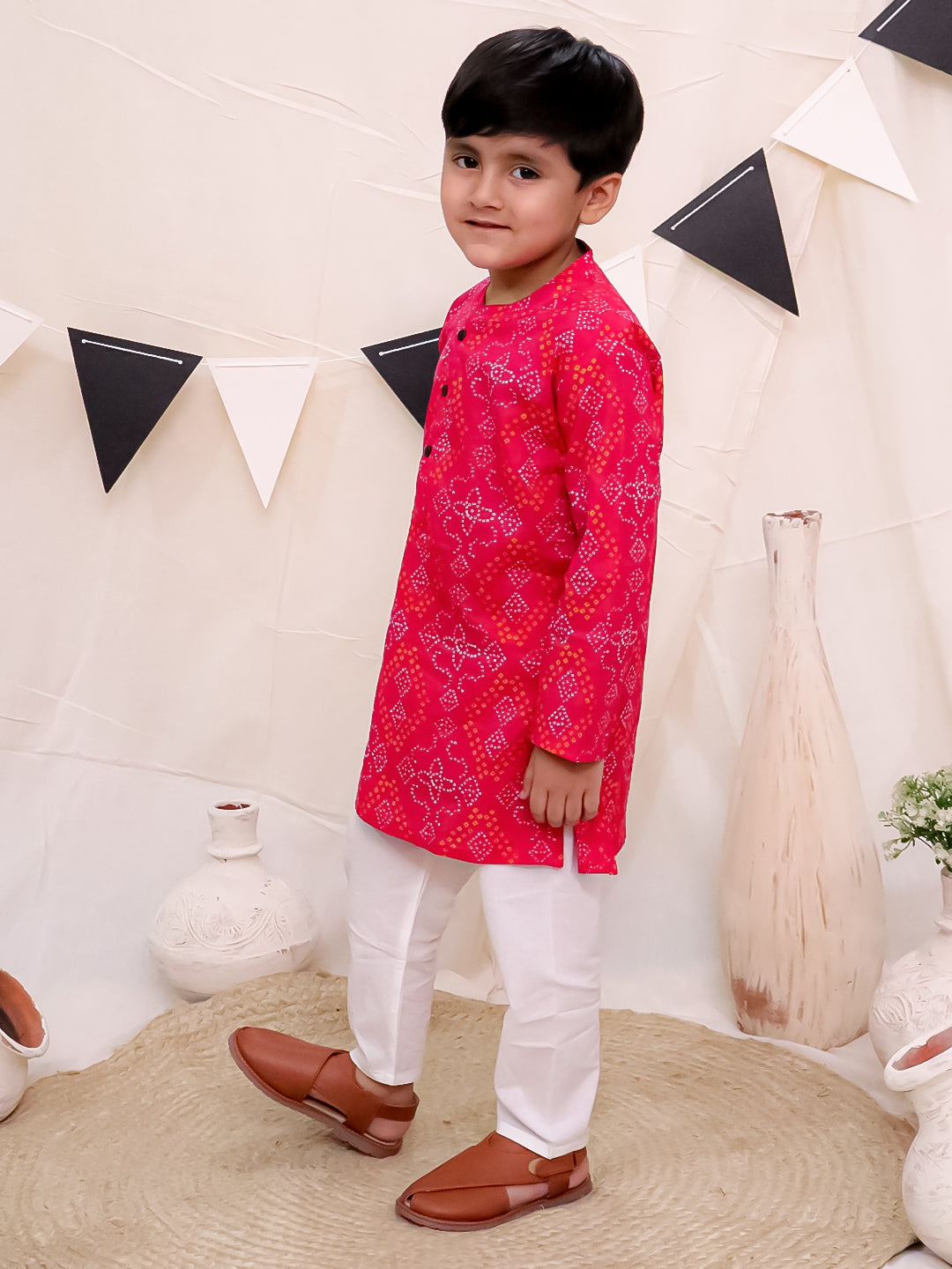 Boys Pure Cotton Printed Kurta with Pyjama - Pink