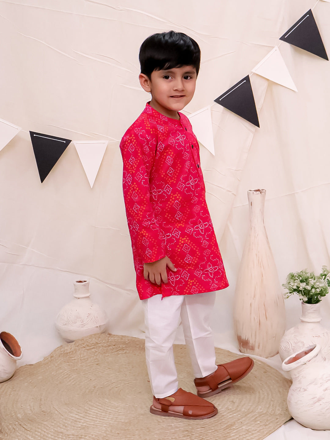 Boys Pure Cotton Printed Kurta with Pyjama - Pink