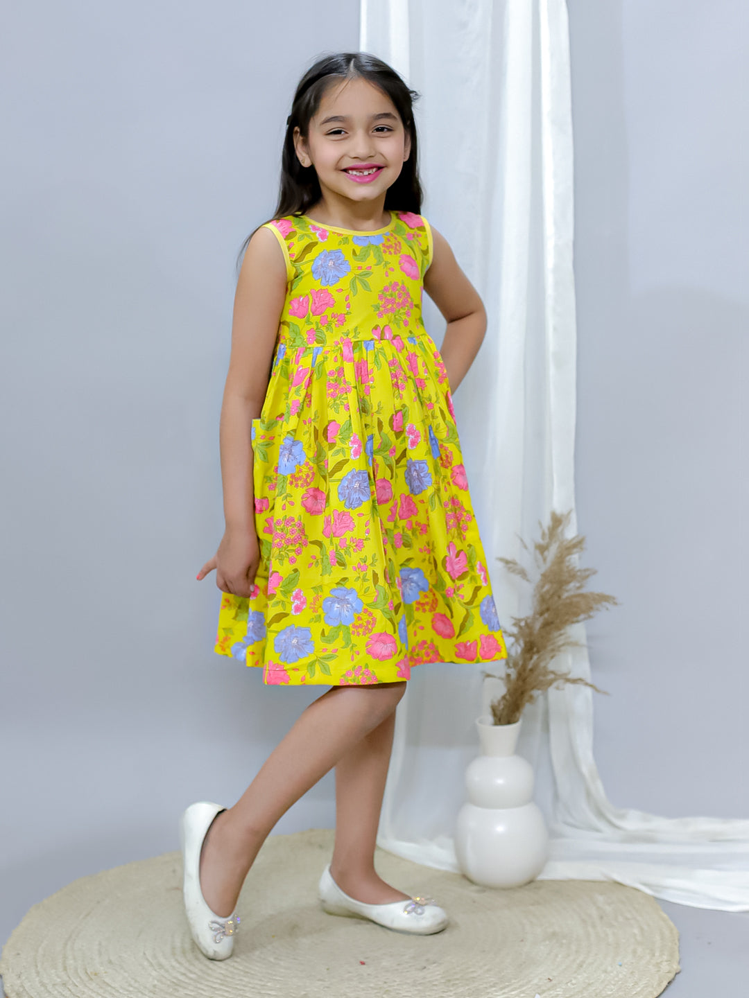 Girls Fit and Flare Dress-Yellow