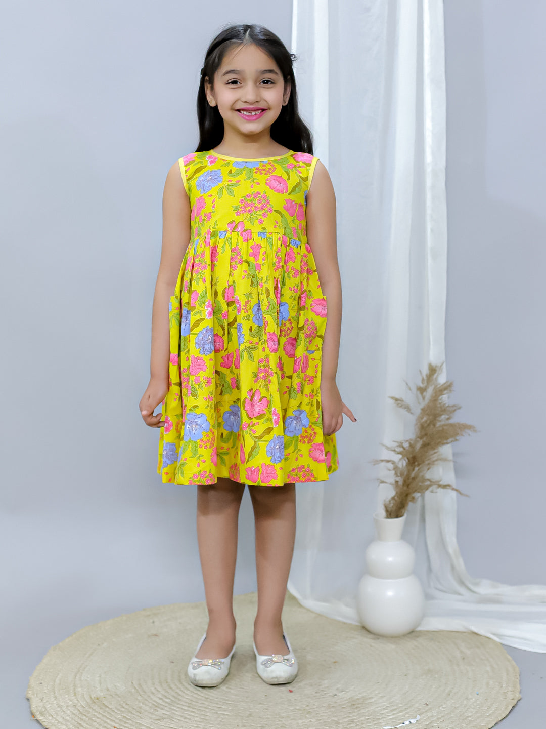 Girls Fit and Flare Dress-Yellow