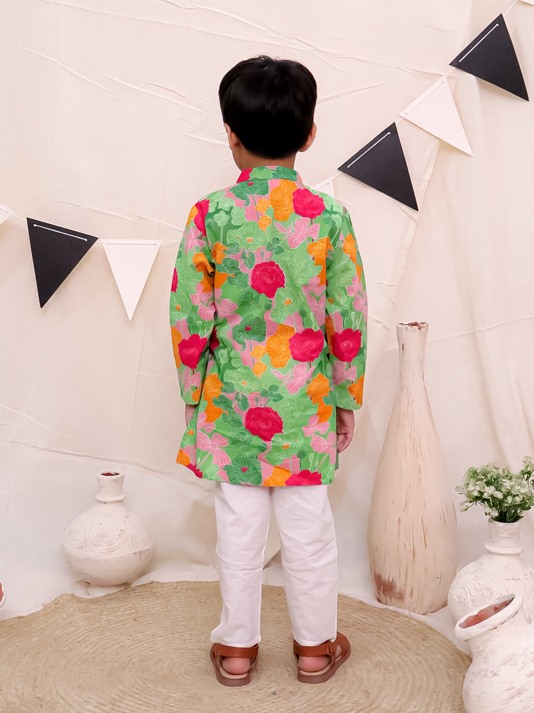 Boys Pure Cotton Printed Kurta with Pyjama - Green