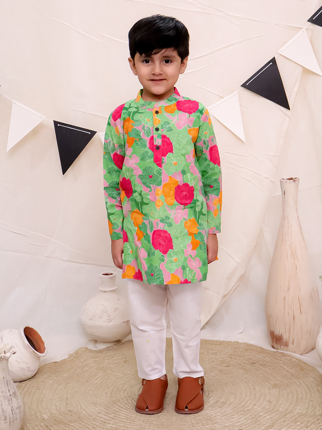 Boys Pure Cotton Printed Kurta with Pyjama - Green