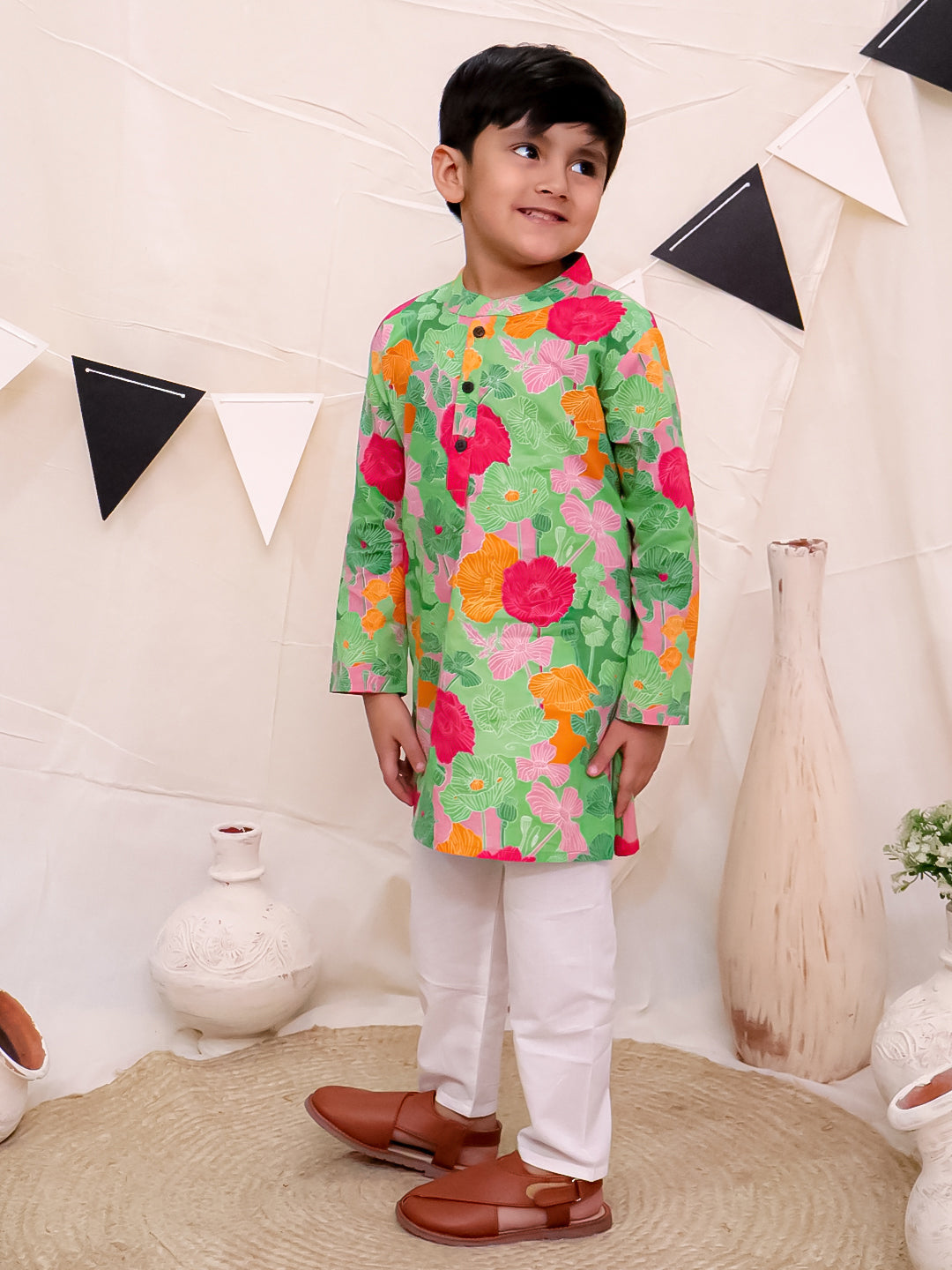 Boys Pure Cotton Printed Kurta with Pyjama - Green