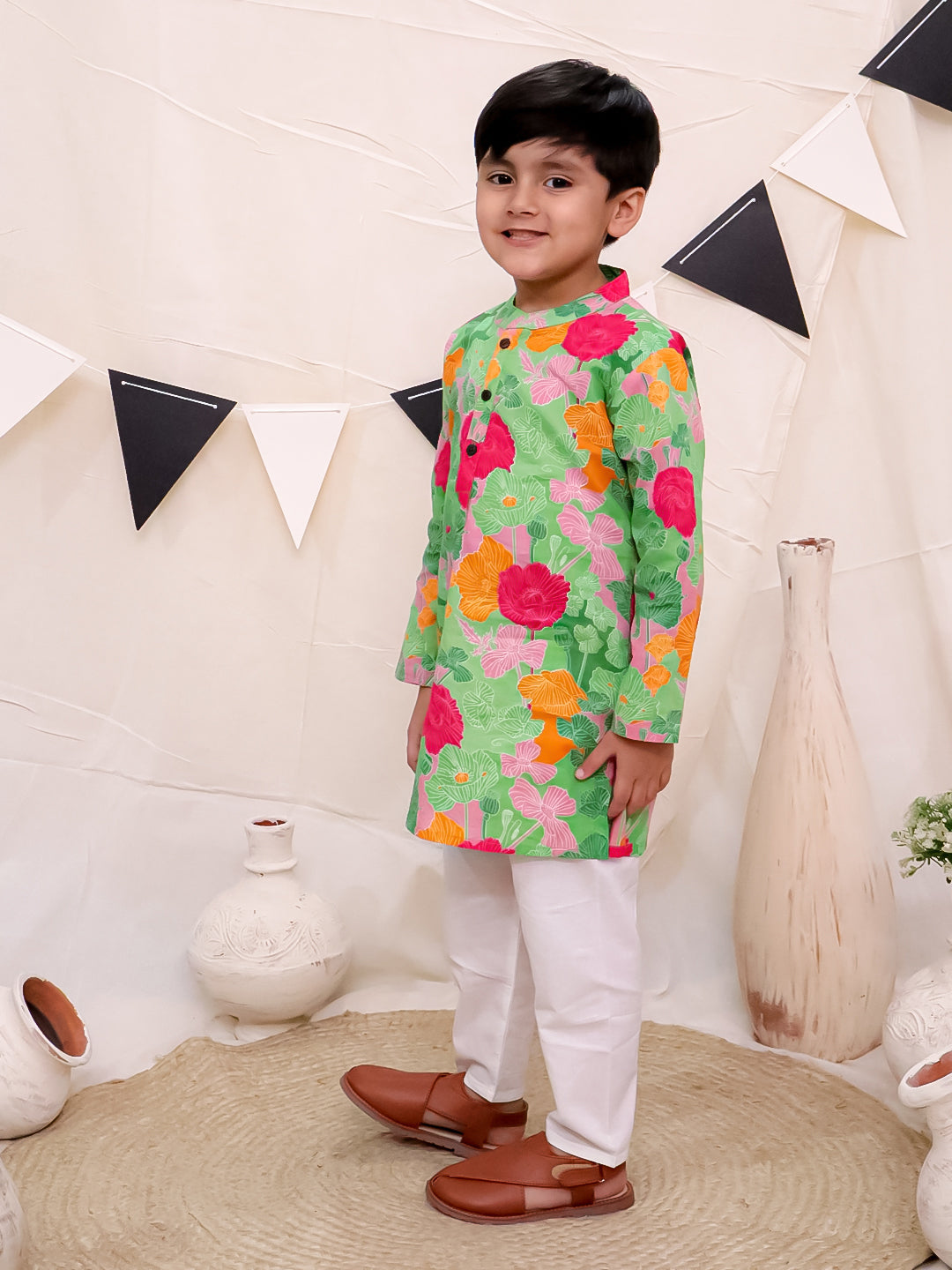 Boys Pure Cotton Printed Kurta with Pyjama - Green