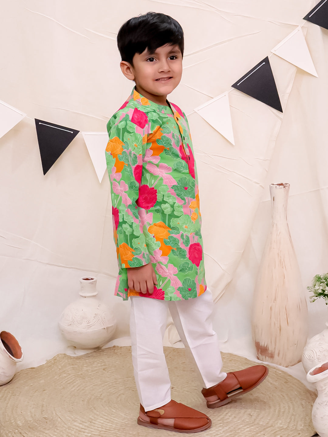 Boys Pure Cotton Printed Kurta with Pyjama - Green