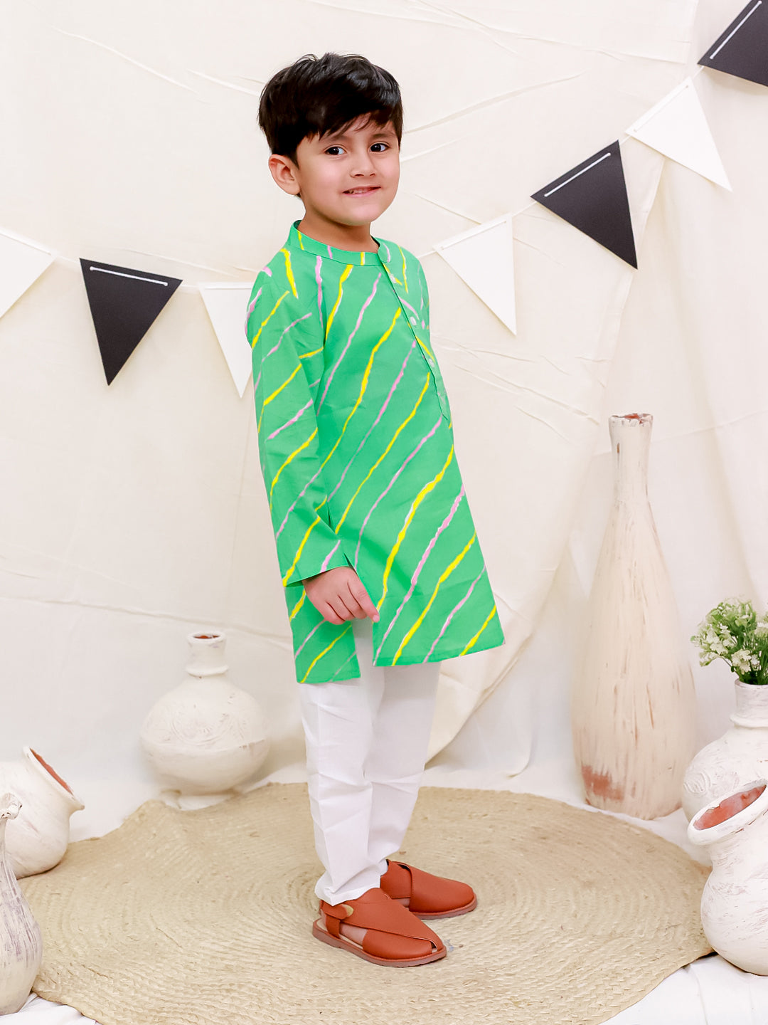 Boys Pure Cotton Printed Kurta with Pyjama - Green