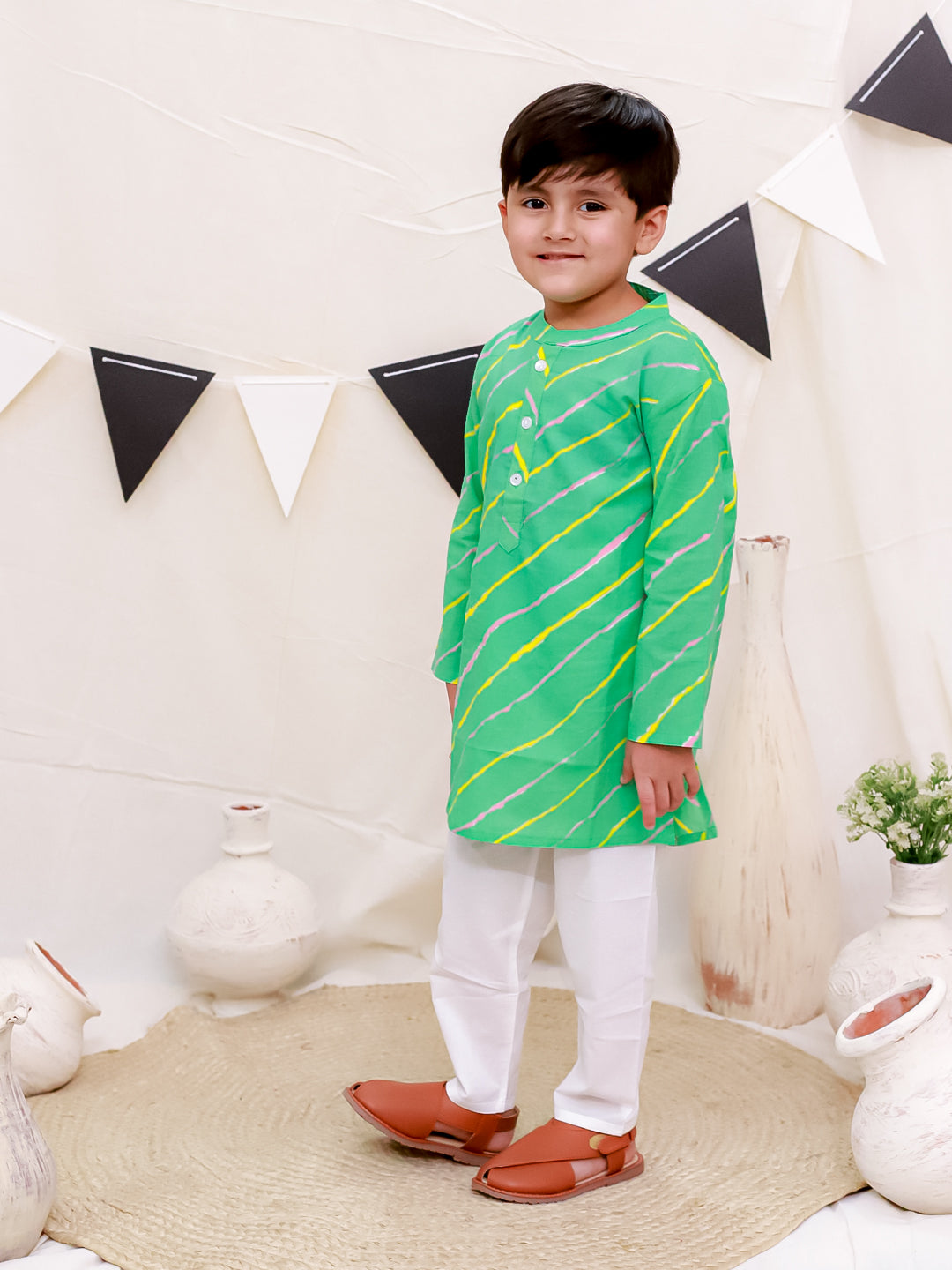 Boys Pure Cotton Printed Kurta with Pyjama - Green