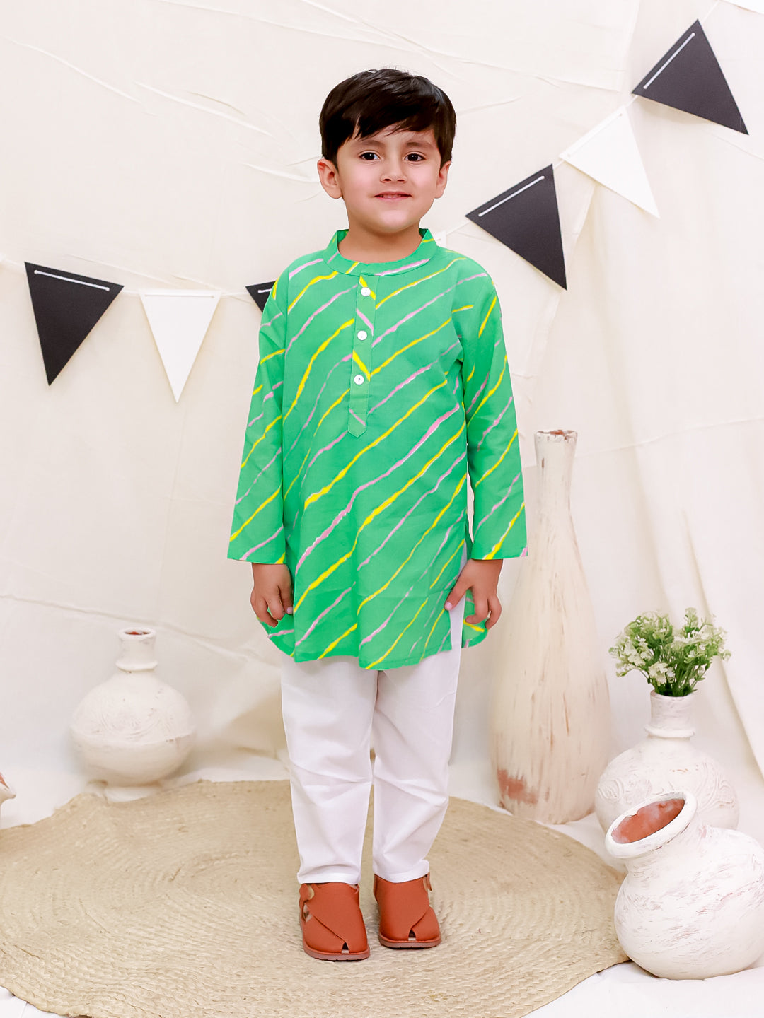 Boys Pure Cotton Printed Kurta with Pyjama - Green