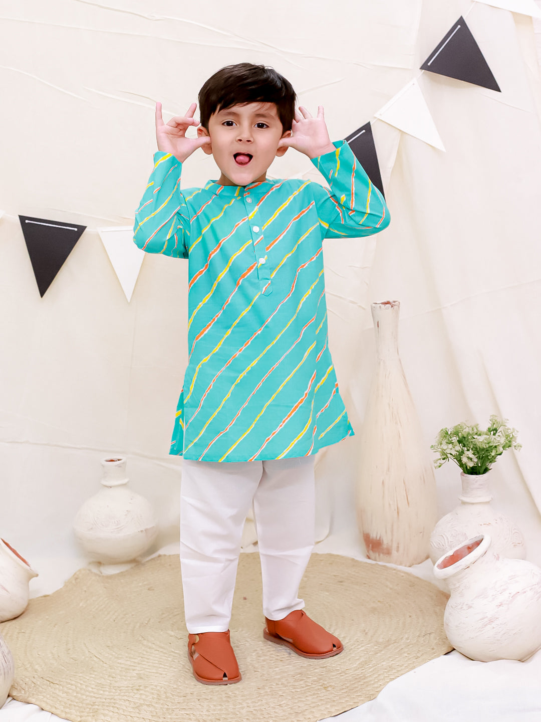 Boys Pure Cotton Printed Kurta with Pyjama - Blue