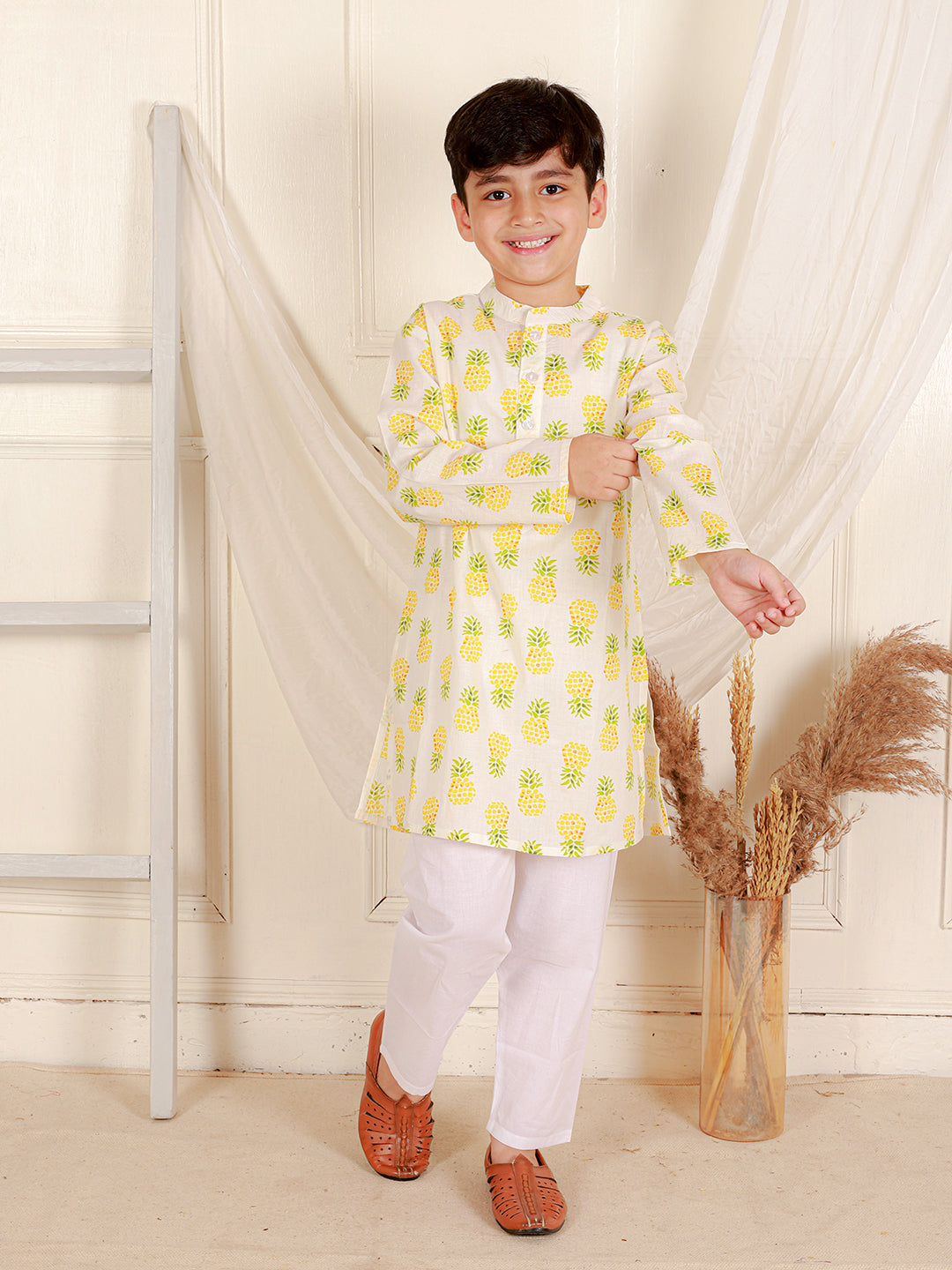 Boys Green Pure Cotton Printed Kurta with Pajamas