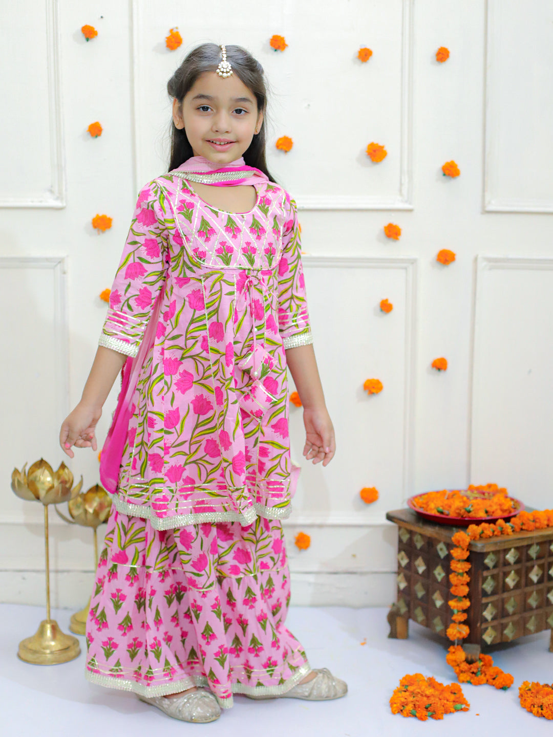 Anarkali Kurti and Sharara with Dupatta-Pink