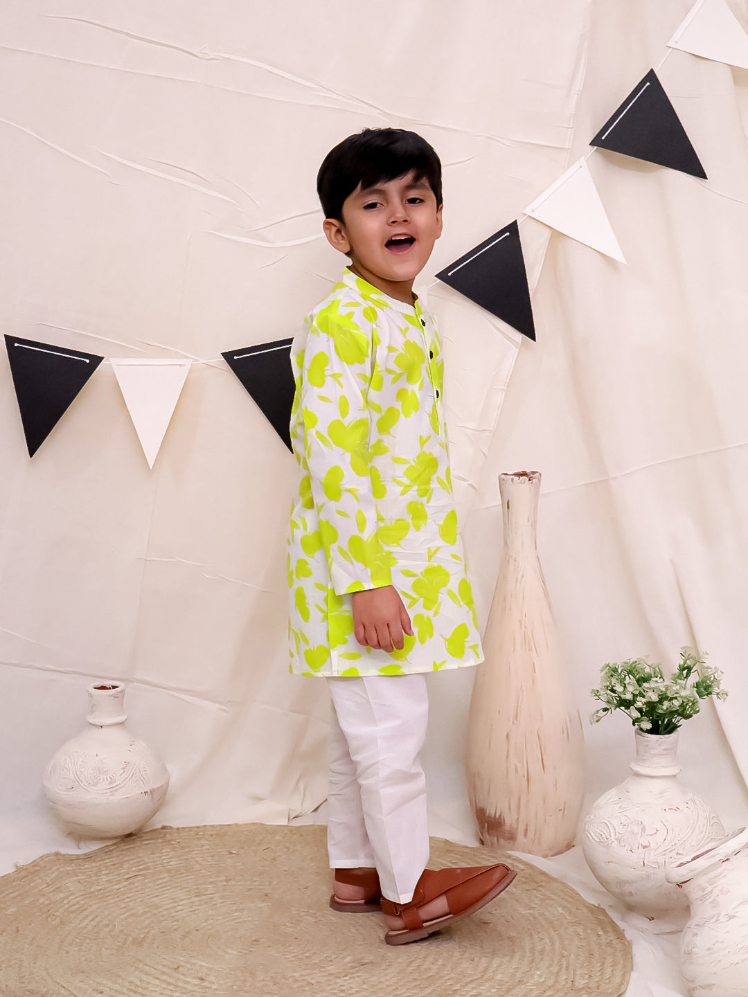 Boys Pure Cotton Printed Kurta with Pyjama - Green