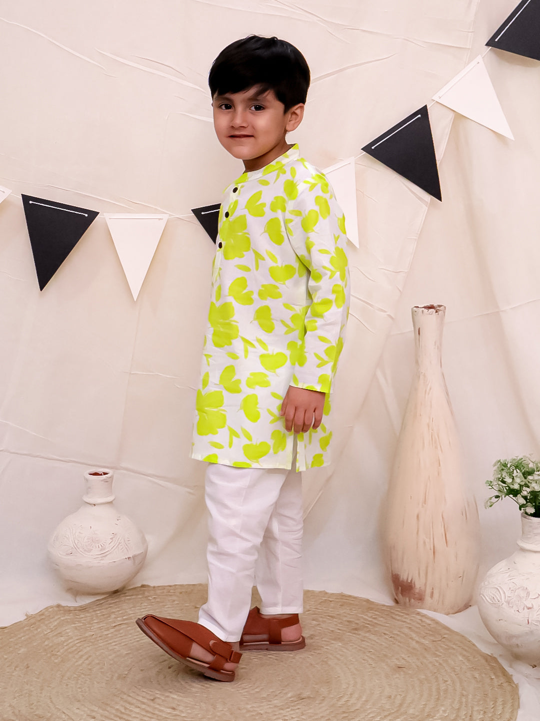 Boys Pure Cotton Printed Kurta with Pyjama - Green