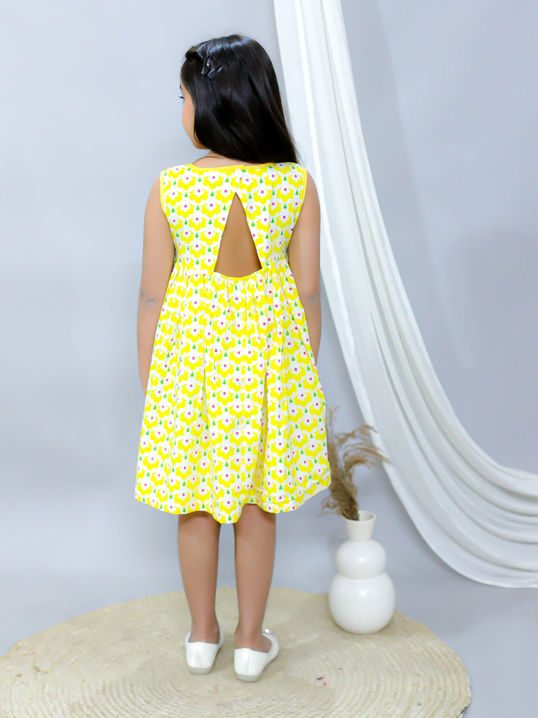 Girls Fit and Flare Dress-Yellow