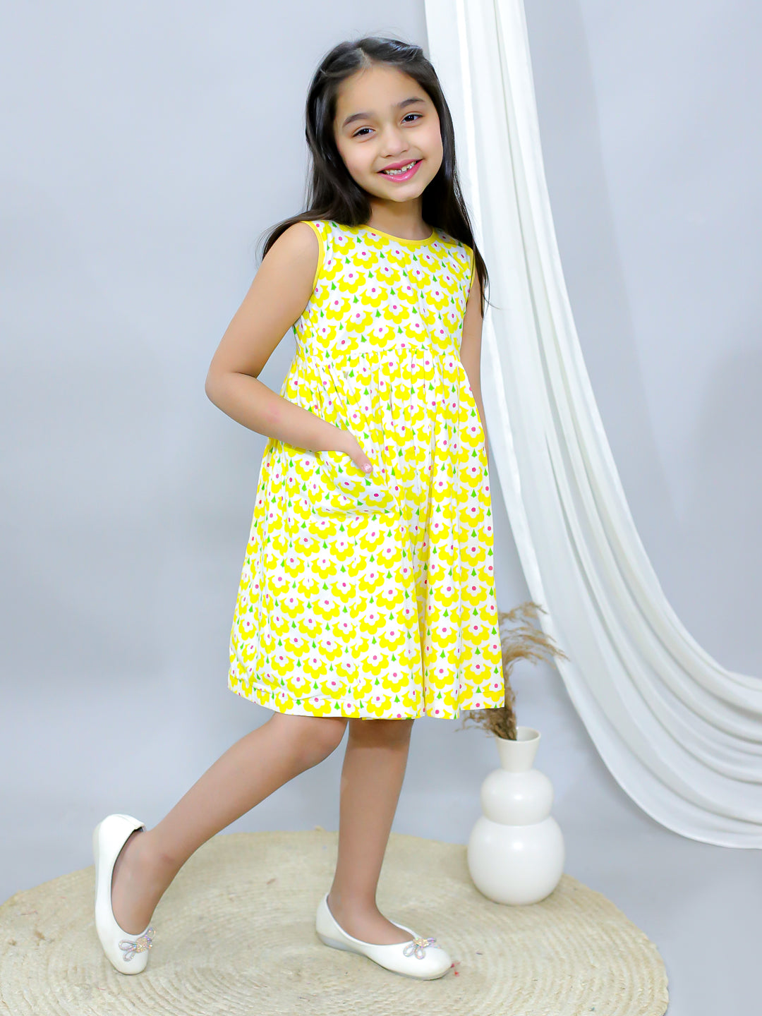 Girls Fit and Flare Dress-Yellow