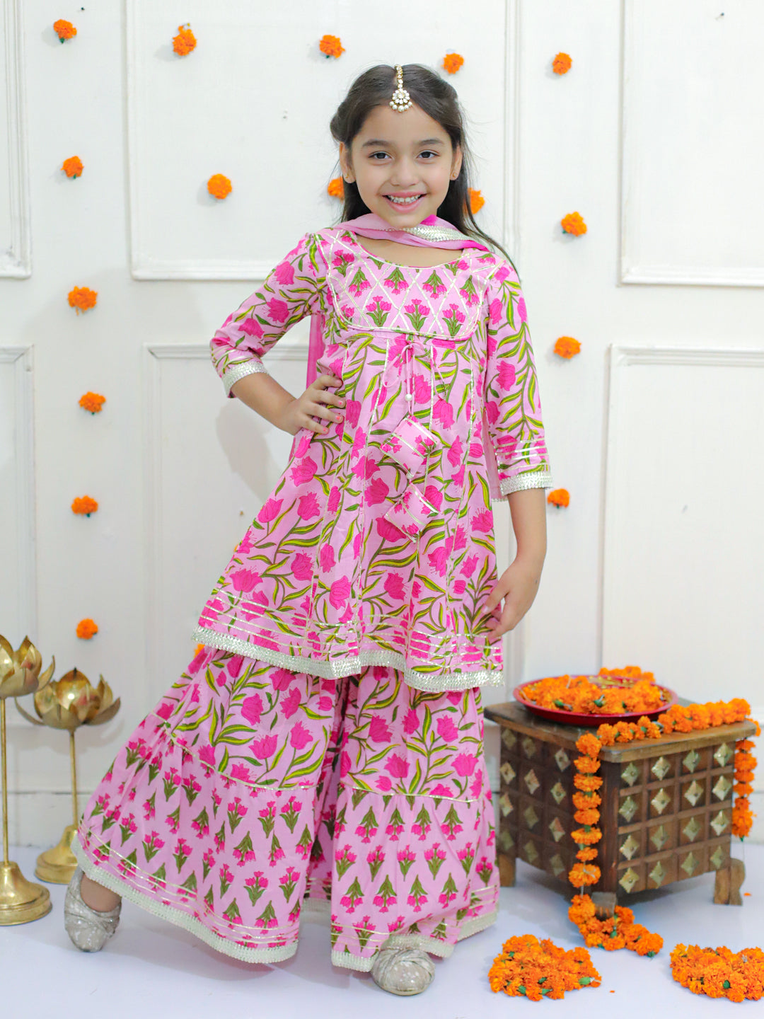 Anarkali Kurti and Sharara with Dupatta-Pink