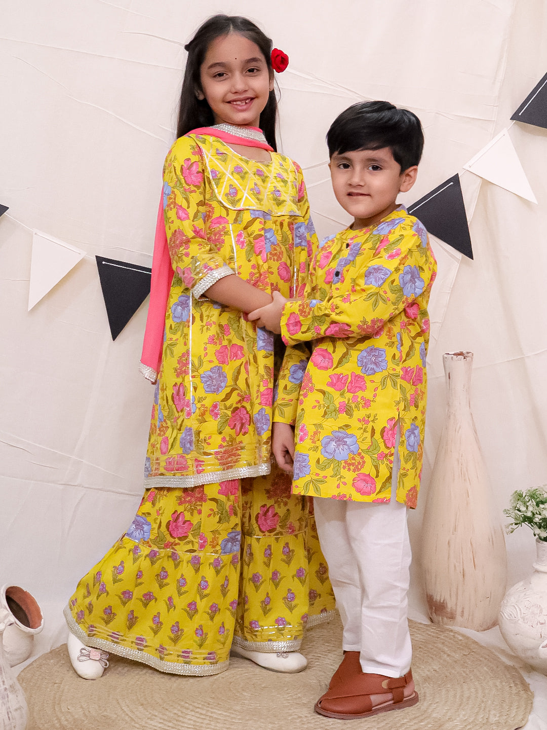 Boys Pure Cotton Printed Kurta with Pyjama - Yellow