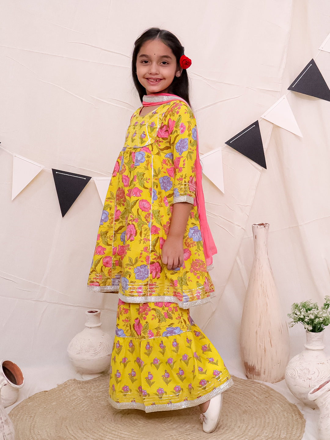 Girls Anarkali Kurti and Sharara with Dupatta-Yellow