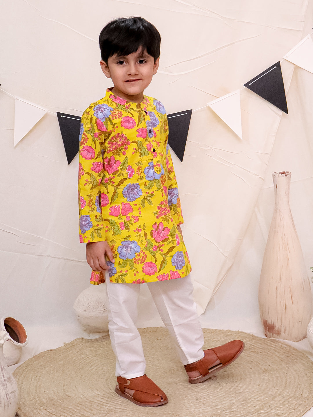 Boys Pure Cotton Printed Kurta with Pyjama - Yellow