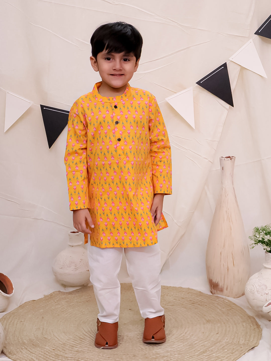 Boys Pure Cotton Printed Kurta with Pyjama - Orange