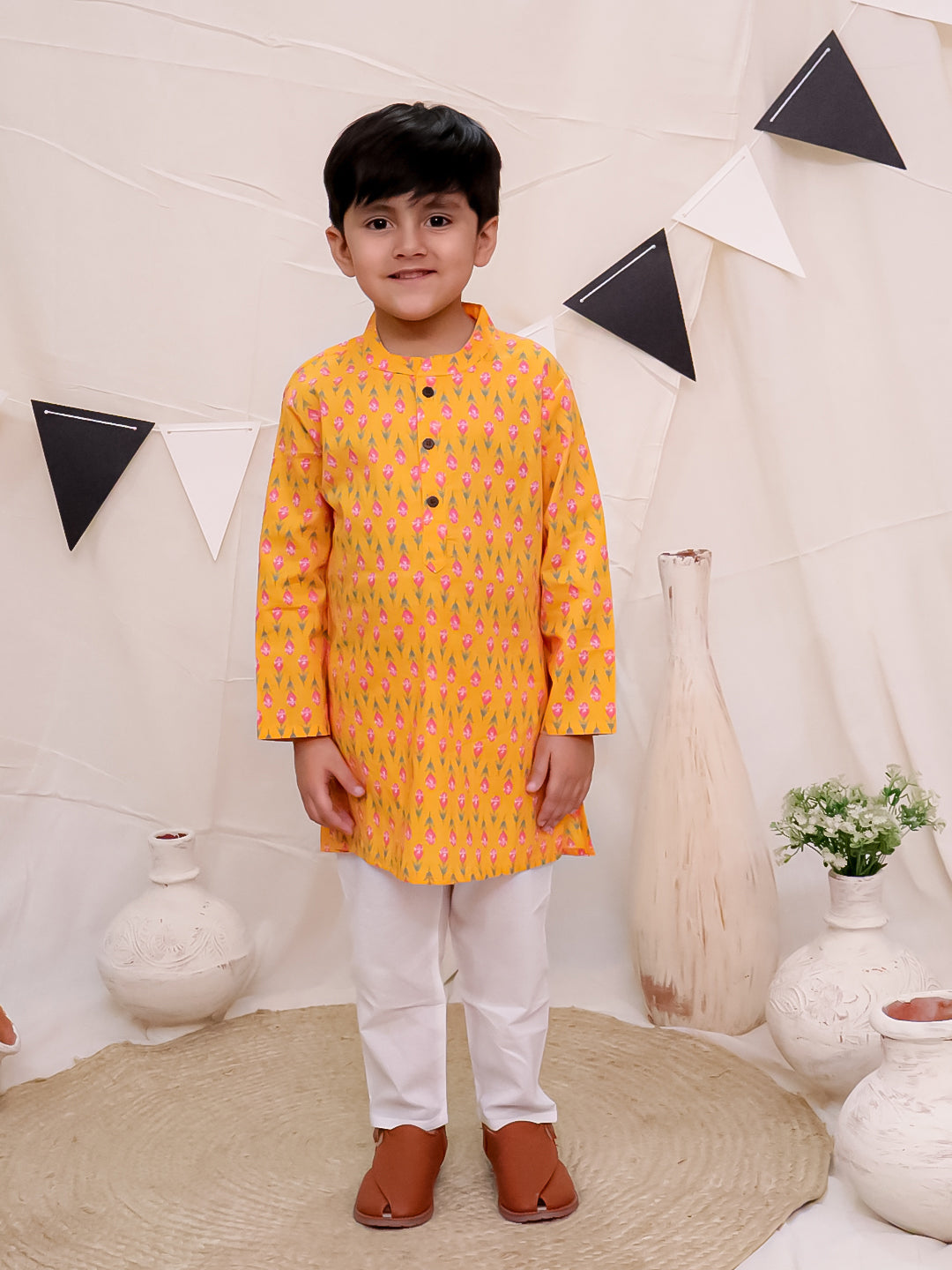 Boys Pure Cotton Printed Kurta with Pyjama - Orange