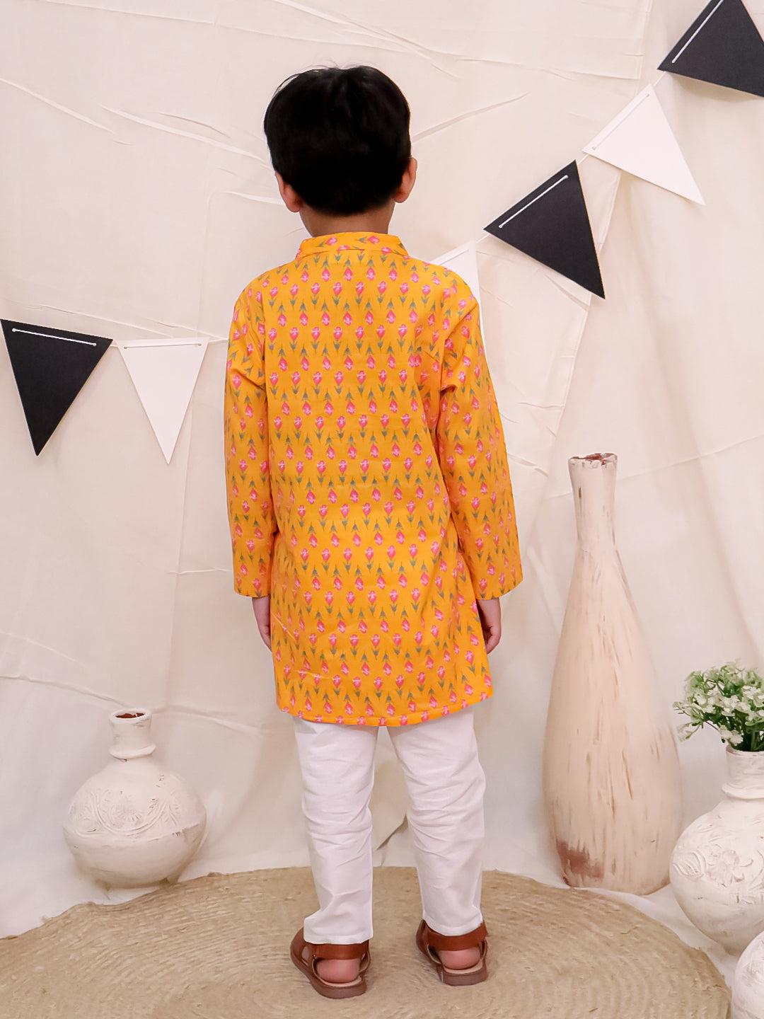 Boys Pure Cotton Printed Kurta with Pyjama - Orange