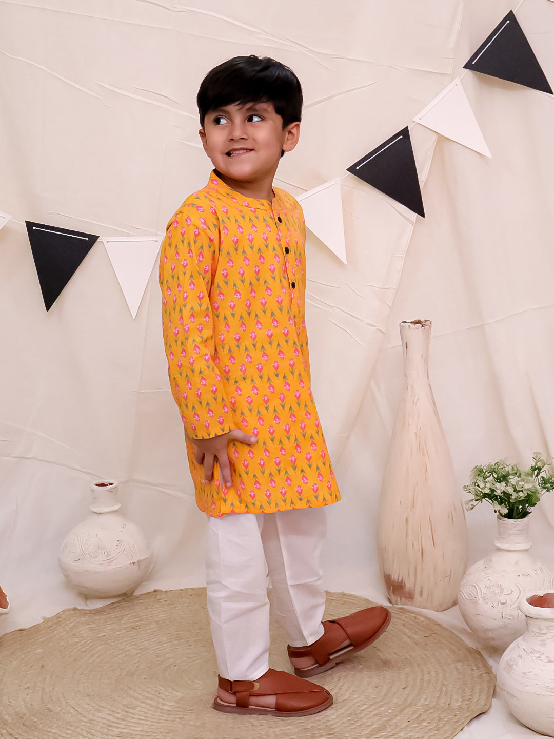 Boys Pure Cotton Printed Kurta with Pyjama - Orange