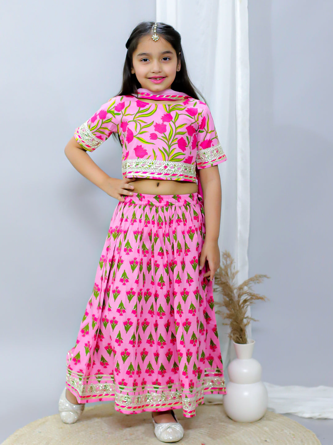 Girls Printed Pure Cotton Lehenga Set-Pink