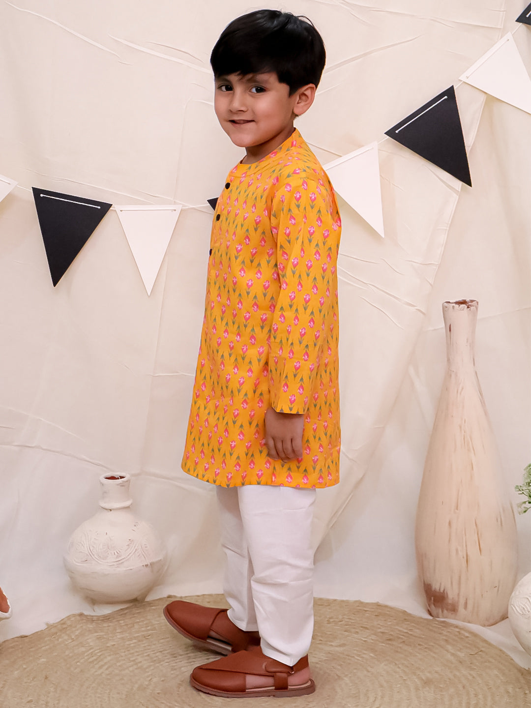 Boys Pure Cotton Printed Kurta with Pyjama - Orange