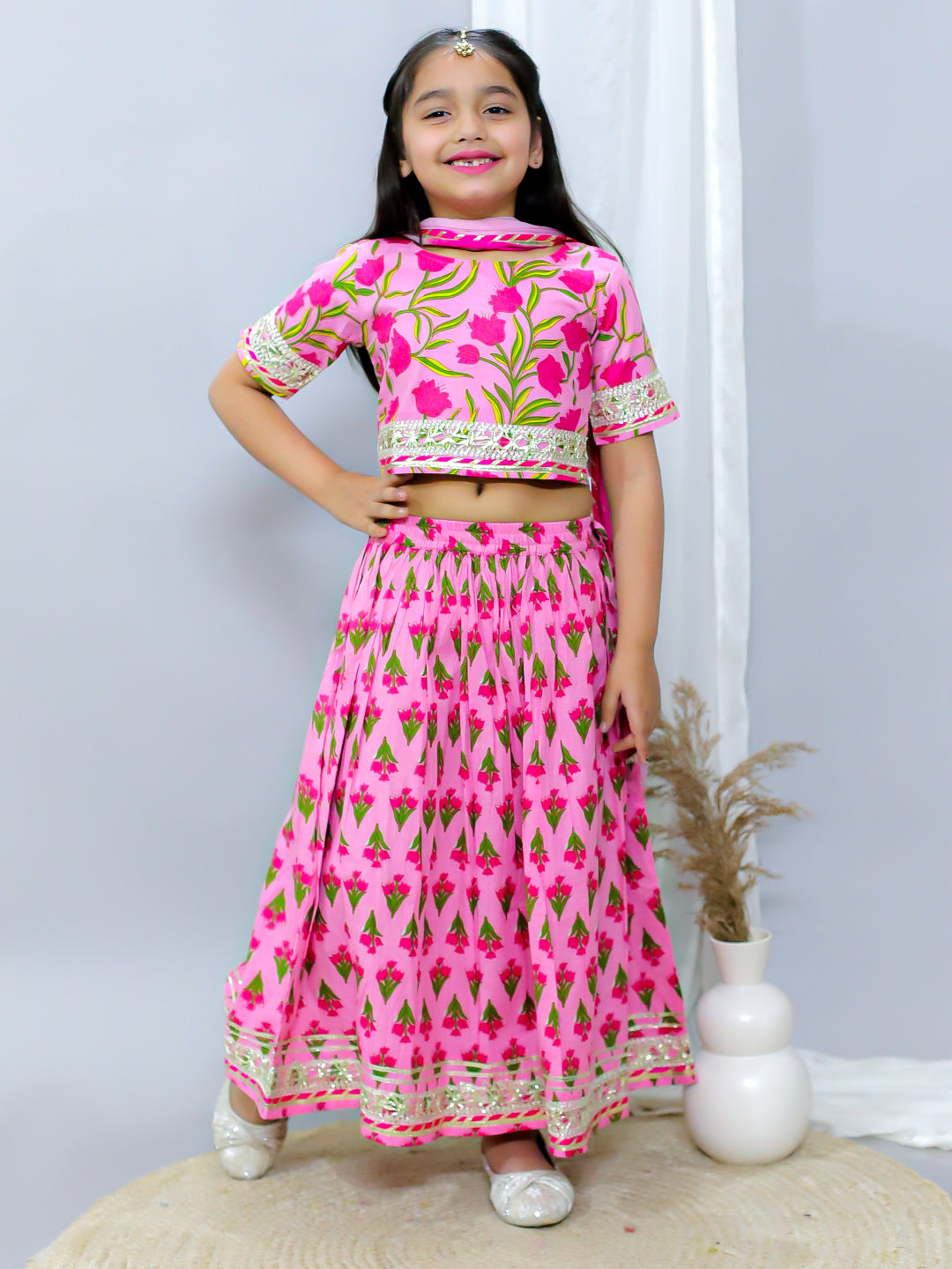 Girls Printed Pure Cotton Lehenga Set-Pink