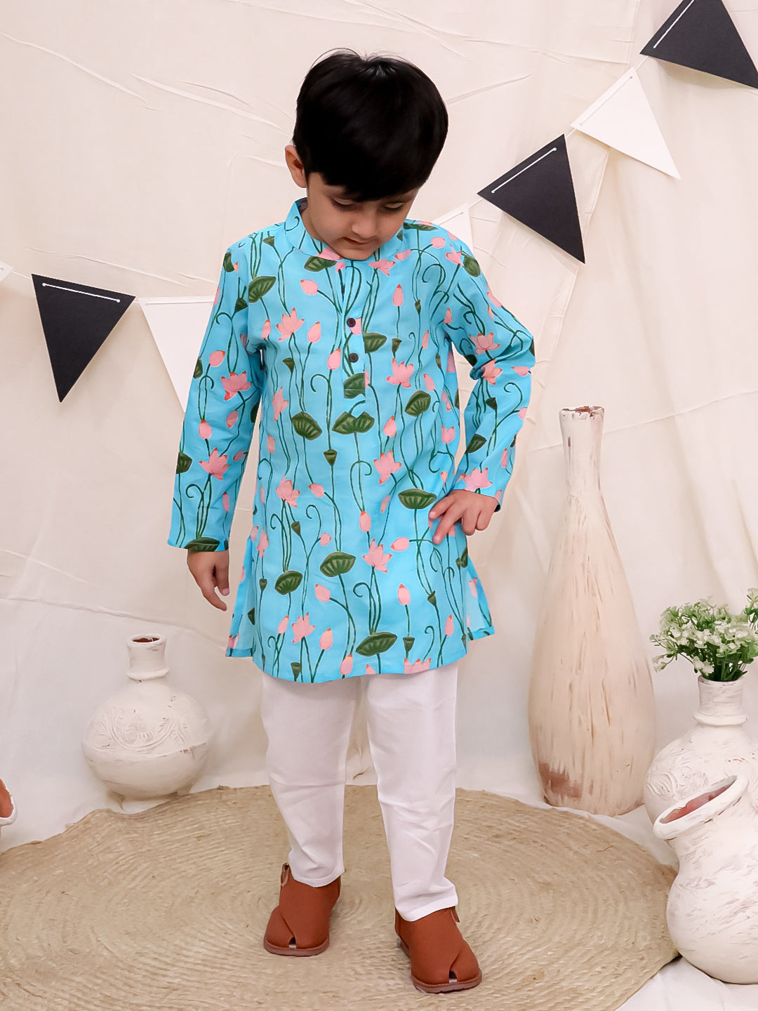 Boys Pure Cotton Printed Kurta with Pyjama - Blue