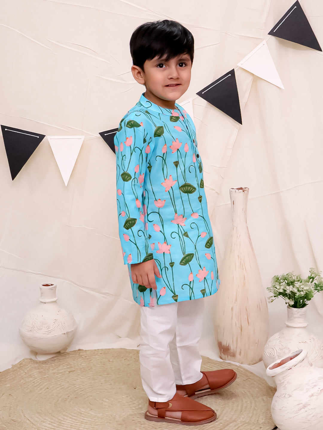 Boys Pure Cotton Printed Kurta with Pyjama - Blue