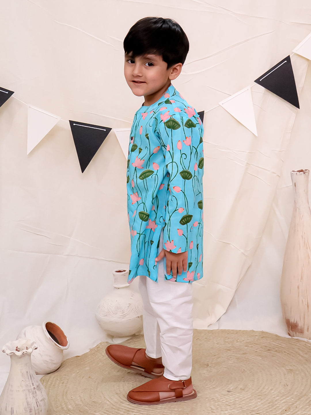 Boys Pure Cotton Printed Kurta with Pyjama - Blue