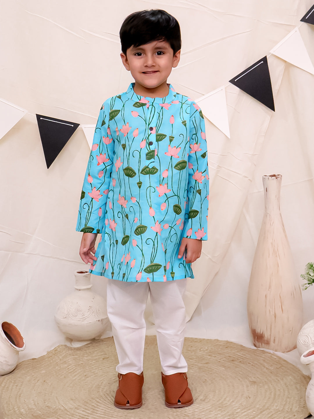 Boys Pure Cotton Printed Kurta with Pyjama - Blue