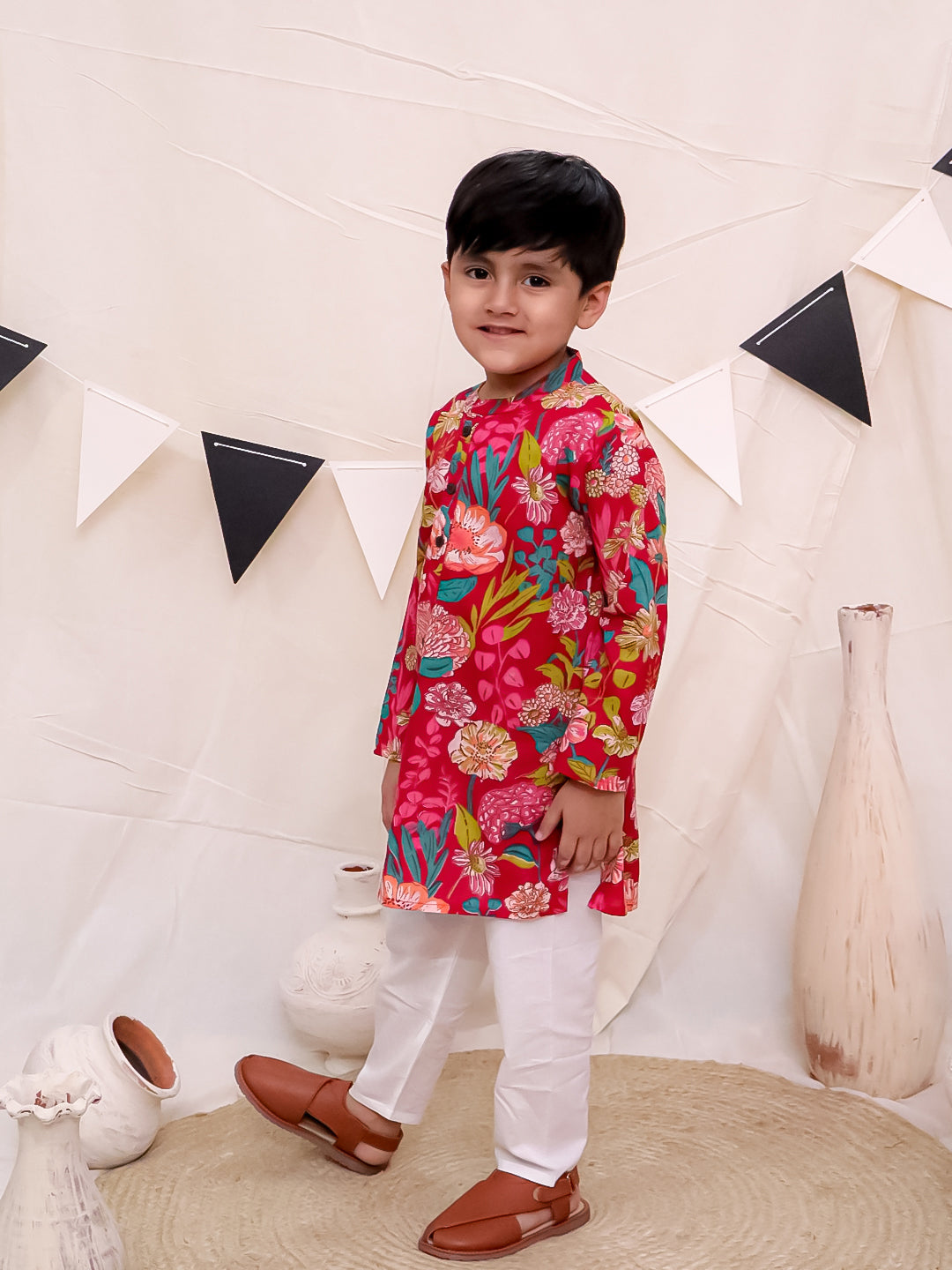 Boys Pure Cotton Printed Kurta with Pyjama - Red