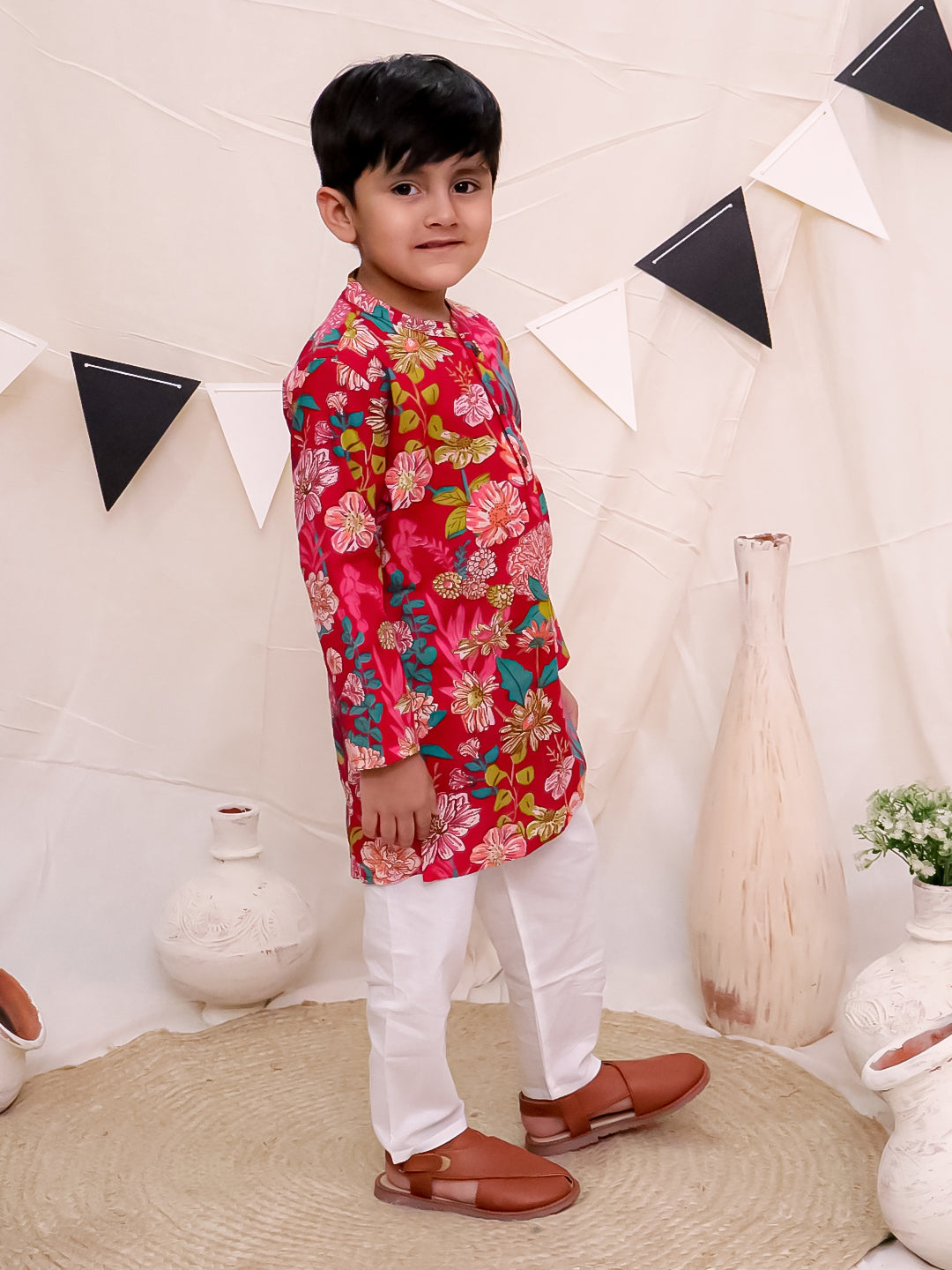 Boys Pure Cotton Printed Kurta with Pyjama - Red