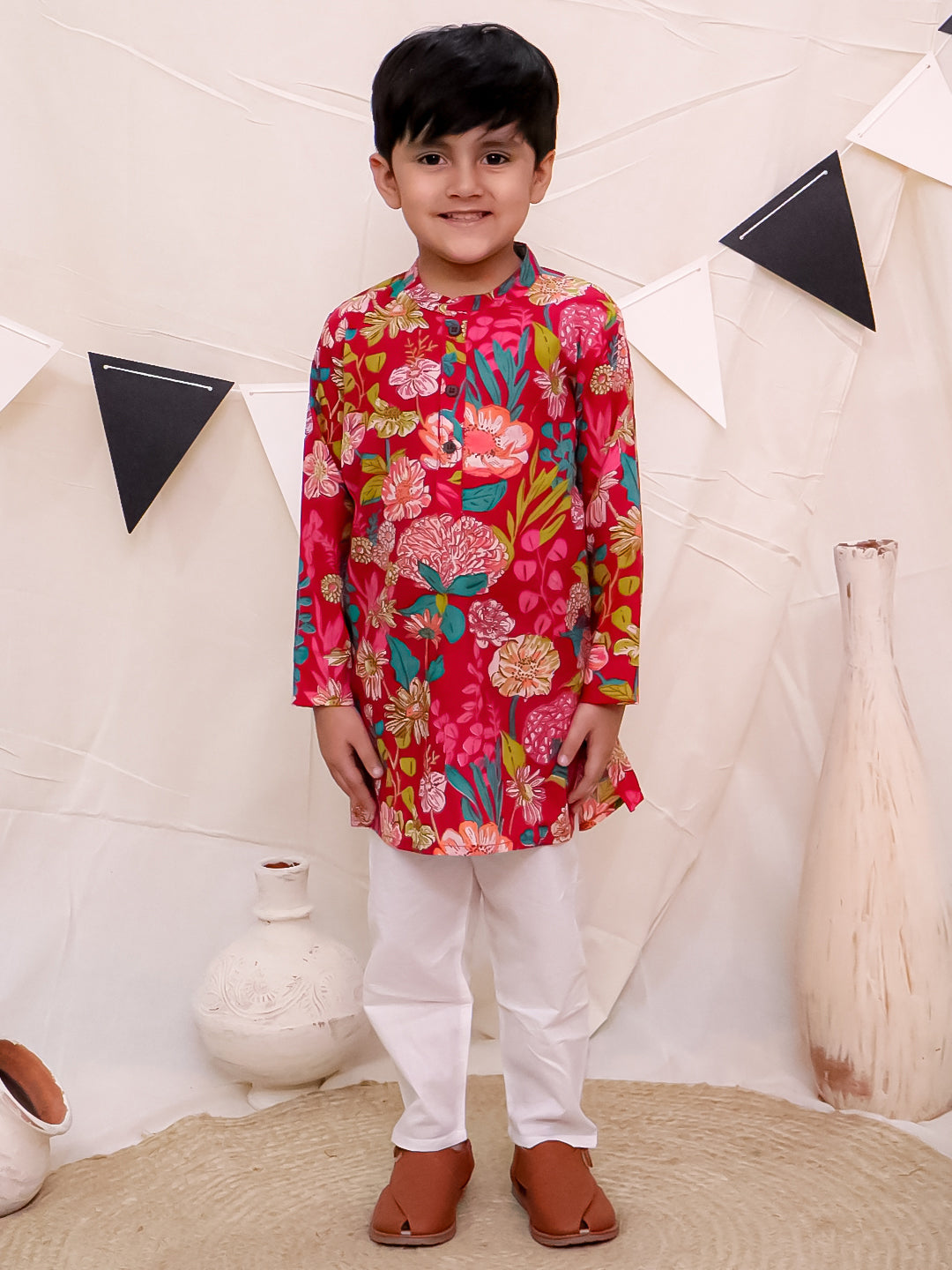 Boys Pure Cotton Printed Kurta with Pyjama - Red